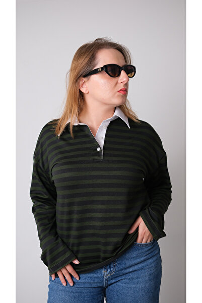 KEYMOOD Çizgili Polo Yaka Uzun Kollu Yeşil Tshirt