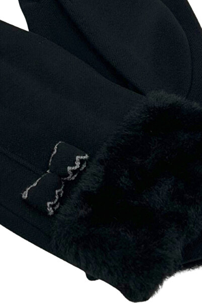 Sofist İstanbul Black Suede Look Bow Detailed Plush High-Waisted Soft Women's Gloves