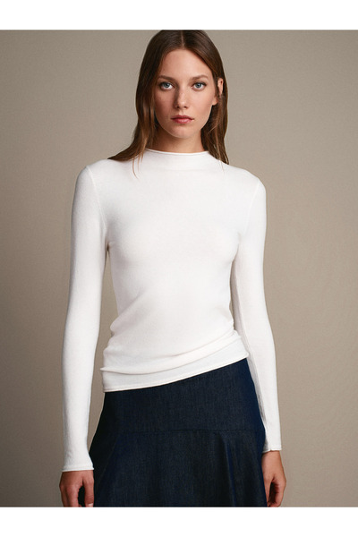 Dilvin 10841 Mock Neck Cashmere Knitwear Sweater-Ecru