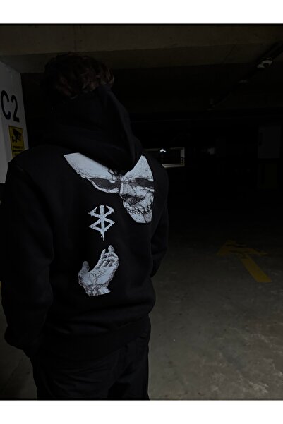 Unisex Kapşonlu Siyah Pamuklu Berserk Sweatshirt
