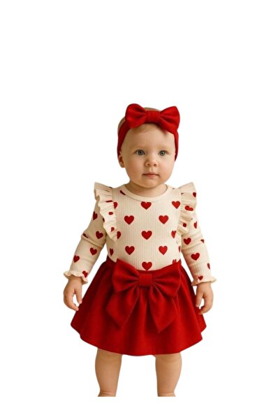 KATIA 3-6-9 Months Red Heart Baby Dress |   Big Bow Princess Model”