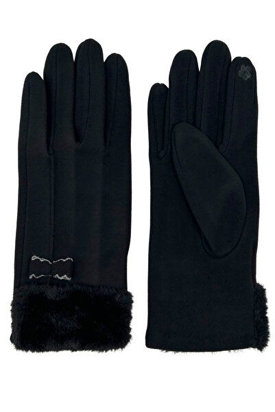 Sofist İstanbul Black Suede Look Bow Detailed Plush High-Waisted Soft Women's Gloves