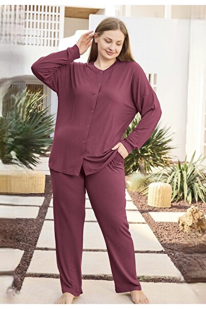 Aydoğan Striped Ribbed Knit Oversized Long Sleeve Pajama Set 250487