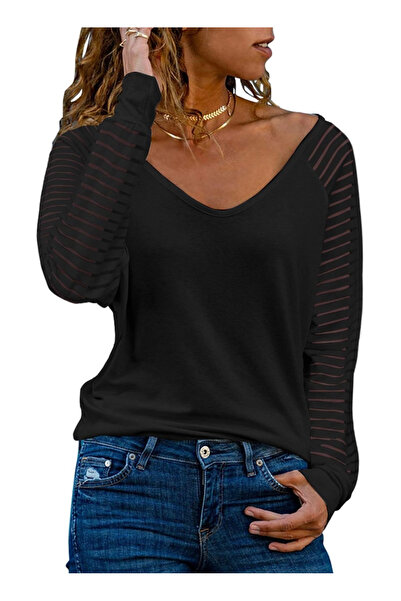 OEM Loose blouse with long sleeves, black with transparent stripes M