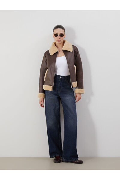 LC Waikiki Kürk Yaka Kadın Deri Görünümlü Mont