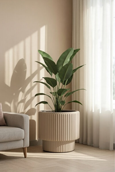 esm vase DEKORATİF ÇİZGİLİ MOCHA BÜYÜK EV OFİS SAKSISI