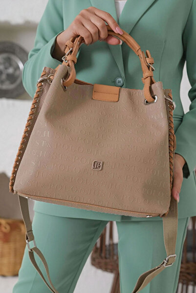 POLO CLUB Women's Beige Knitted Detailed 4-Compartment Shoulder Bag and Handbag (27X31 cm)