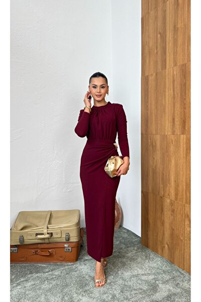 Nida Boutique Bel Draped Long Sleeve Crew Neck Knitted Crepe Dress with Accessory Detail