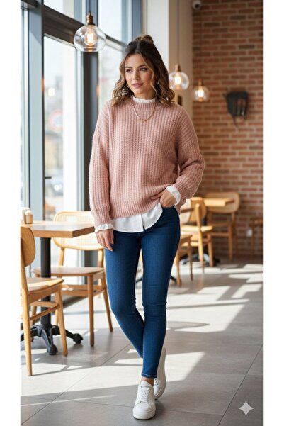 Afili butik Oversized Fit Knitted Sweater – Stretch Fabric , Wool Blend, Standard Size