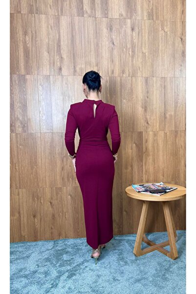 Nida Boutique Bel Draped Long Sleeve Crew Neck Knitted Crepe Dress with Accessory Detail