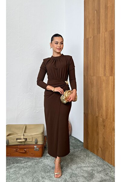 Nida Boutique Bel Draped Long Sleeve Crew Neck Knitted Crepe Dress with Accessory Detail