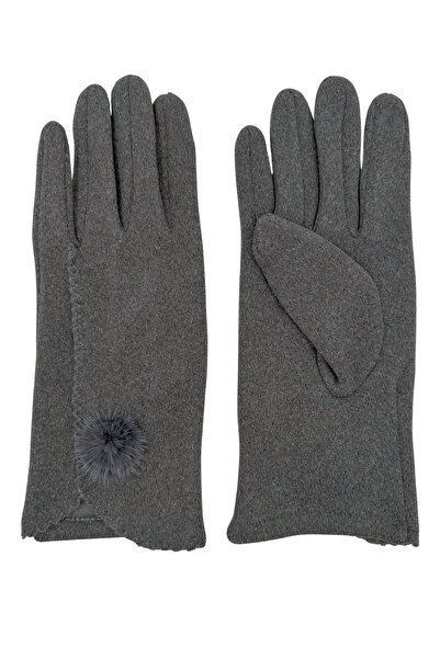 Sofist İstanbul Gray Suede Look Soft Women's Gloves with Pompom Detail