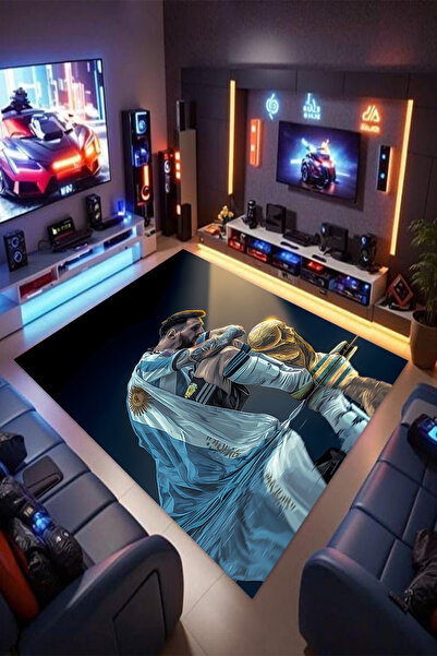 Reyhani MESSİ Desenli Kaymaz Taban Makinede Yıkanabilir Gamıng Salon Halısı Y...
