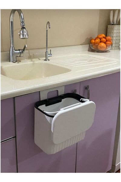 Limon Socks White Striped 8 Lt Kitchen Countertop and Cabinet Hanging Trash Can