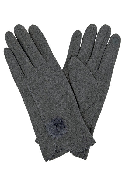 Sofist İstanbul Gray Suede Look Soft Women's Gloves with Pompom Detail