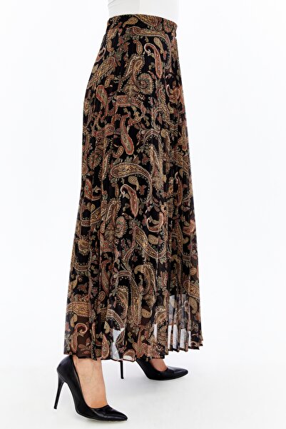 Modabenna Patterned Lined Pleated Chiffon Skirt with Elastic Waist Pleated