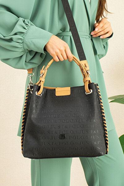 POLO CLUB حقيبة كتف وحقيبة يد نسائية بتفاصيل محبوكة سوداء مكونة من 4 أقسام (2...