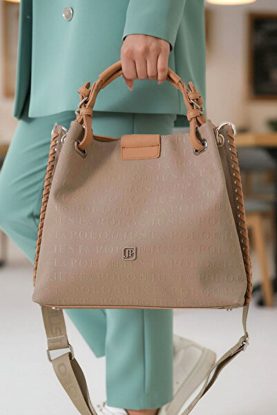 POLO CLUB Women's Beige Knitted Detailed 4-Compartment Shoulder Bag and Handbag (27X31 cm)