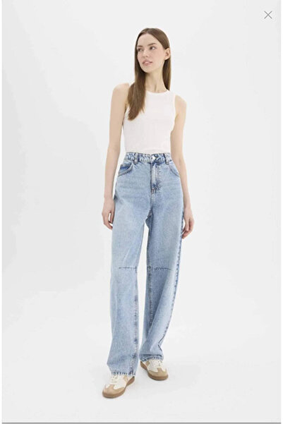 SANTA BELLA Dodge Light Blue Snow High Waist Baggy Jean with Buckle Wide Leg Women's Lycra-Free Denim Pants