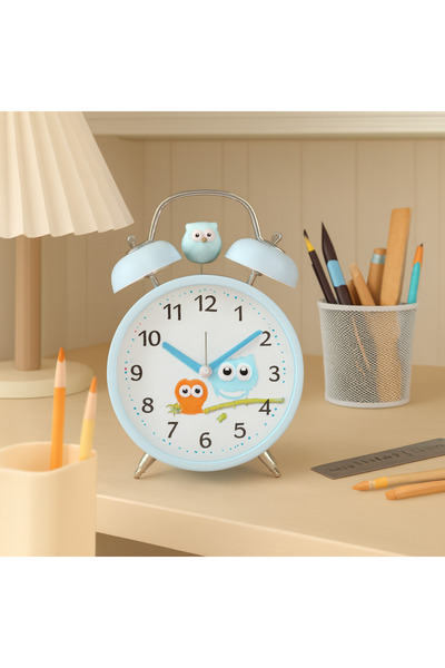 Livava Baykuşlu Metal Masa Saati, Alarmlı ve Işıklı, Mavi, 15x12