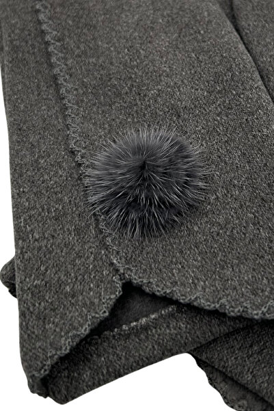 Sofist İstanbul Gray Suede Look Soft Women's Gloves with Pompom Detail