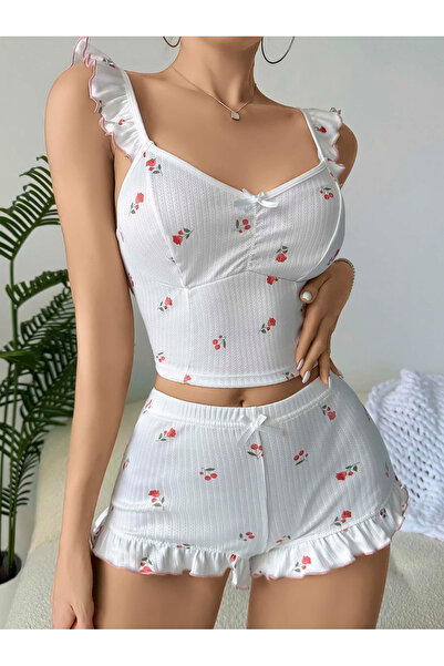 Miravm Women's Rose and Cherry Patterned Shorts Nightgown Set 5112