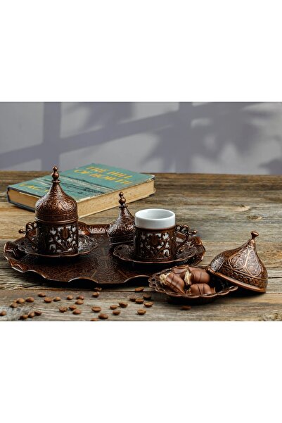 E orient Handmade Turkish Coffee Set: Copper, Cups, Saucers, Sugar Bowl