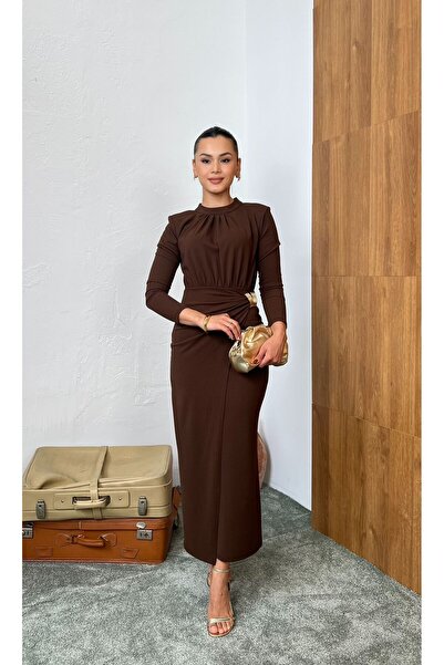 Nida Boutique Bel Draped Long Sleeve Crew Neck Knitted Crepe Dress with Accessory Detail