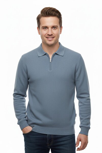 DYNAMO Men's Polo Neck Zippered Knitwear Sweater Regular Fit 7001 Bgl-St04921