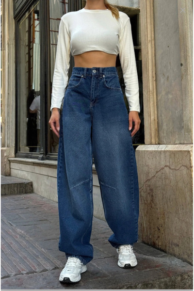 SANTA BELLA Dodge Dark Blue Grinding talie înaltă Pantaloni de blugi largi cu...