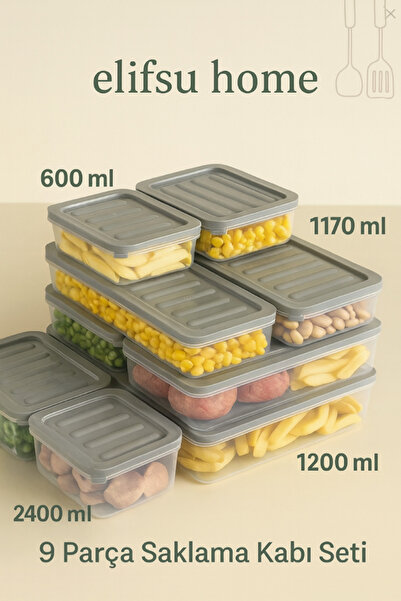 ELİFSU HOME 9-Piece Mix Storage Container Set (600ml 1170ml 1200ml 2400 ml)
