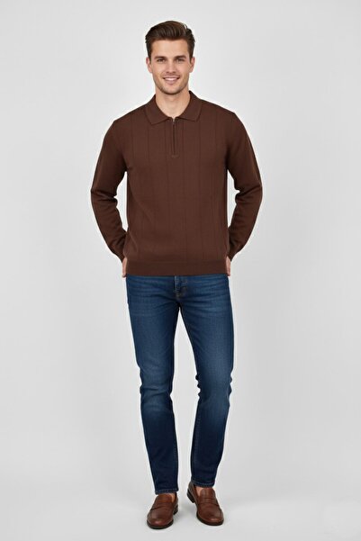 DYNAMO Men's Polo Neck Zippered Knitwear Sweater Regular Fit 7019 Bgl-St04922