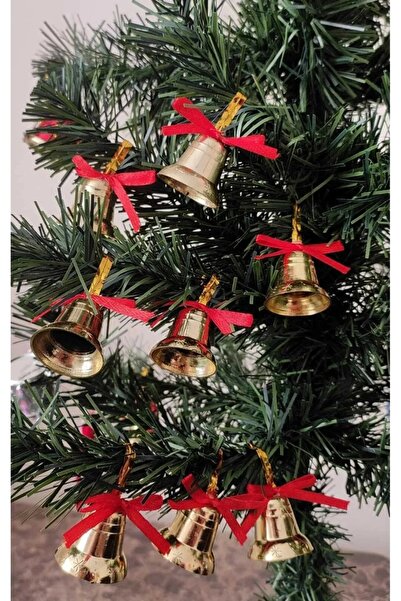 asöy Yılbaşı Ağacı Süsü Gold Renk Çan Süs Kırmızı Fiyonklu 6 Adet Küçük Boy 3 cm