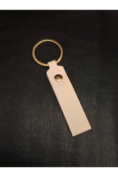 Han Ticarethane Ecru Color Leather Keychain with Gold Color Ring