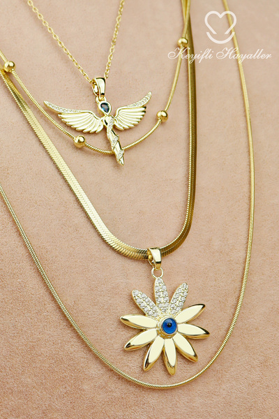 Keyifli Hayaller Çelik Kolye Seti - 316L Kombin Ayrı Ayrı Gold Kararmaz 4lü K...