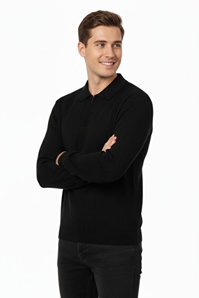 DYNAMO Men's Polo Neck Zippered Knitwear Sweater Regular Fit 7019 Bgl-St04922