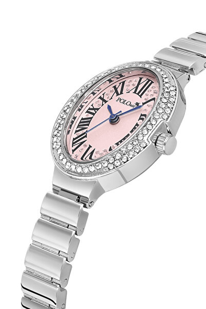 Polo Air ساعة يد نسائية بعلبة بيضاوية وأرقام رومانية لون فضي وردي PL-1568B3x