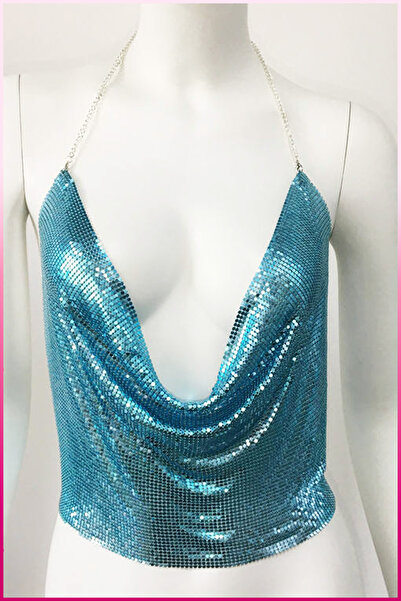 libescarf Crystal Blue Stone Shiny Crop & Blouse Sleeveless Boat Neck Party Beach Bustier