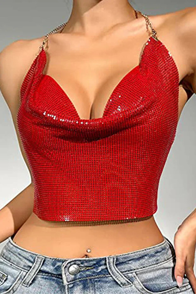libescarf Crystal Red Stone Shiny Crop & Blouse Sleeveless Boat Neck Party Beach Bustier