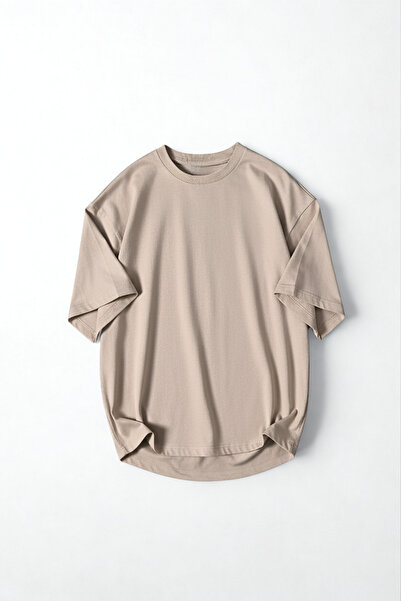 A&O Style Men's Beige Oversized Crew Neck Basic Cotton T-Shirt