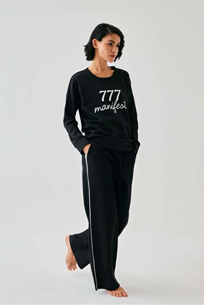 modaserdem Akbeniz Women's Black 777 Manifest Oversized 2 Thread Tracksuit Home Wear Set