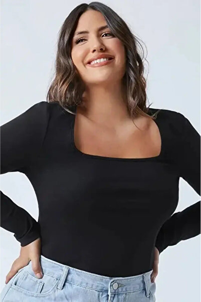 FOR ESRA BIG TREND Women's Plus Size Square Neck Long Sleeve Modal Soft Texture Stretchy Blouse