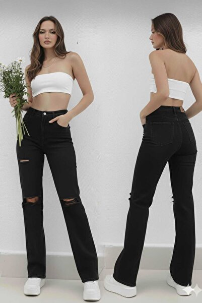 DRC trend Dark A.C.A.I.P Black Ripped Stretch Fabric Super High Waist Loose Leg Denim Palazzo Pants
