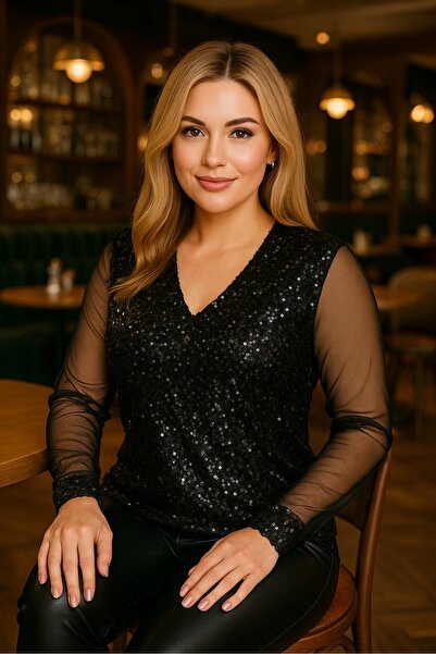 FOR ESRA BIG TREND Women's Plus Size V-Neck Sequin Embroidery Long Sleeve Tulle Detail Stretchy Blouse