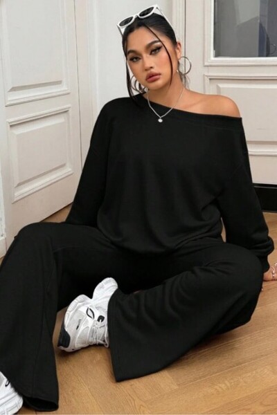 FOR ESRA BIG TREND Women's Plus Size Patchwork Detail Wide Cut Neckline Loose Leg Modal Tracksuit with Pockets