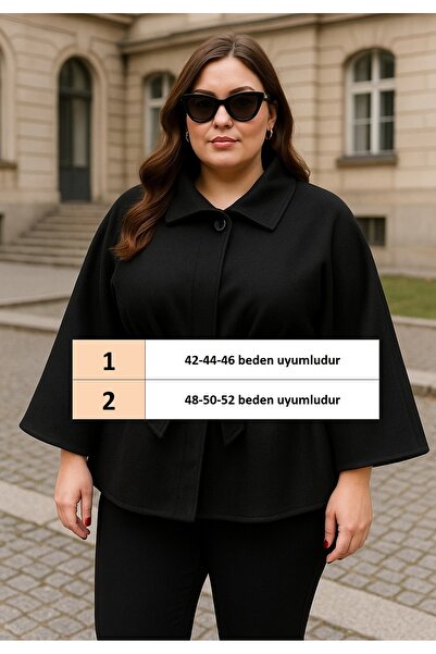 FOR ESRA BIG TREND Women's Plus Size Single Button Closure Waist Belted Cashmere Poncho (Length 73 cm)