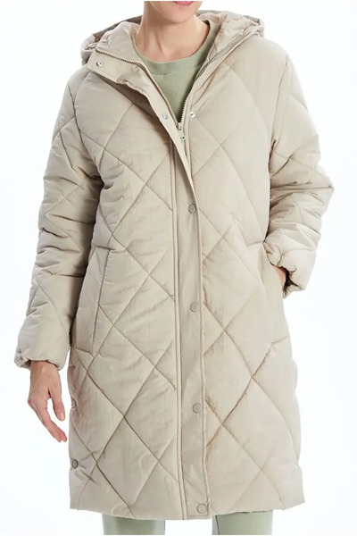 FOR ESRA BIG TREND Women's Plus Size Quilted Hooded Side Snap Zipper Closure Midi Puffer Coat