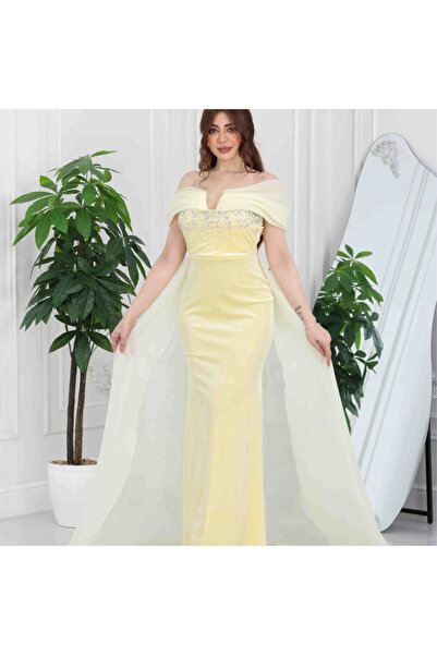 Nice Model فستان سهرة أصفر فستان أوف شولدر فستان مخمل مطرز