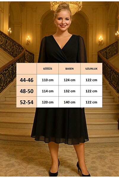 FOR ESRA BIG TREND Women's Plus Size Double-Breasted Collar Waist Accessory Detail Long Sleeve Midi Chiffon Evening Dress