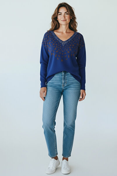 BİLGENS BUTİK Kadın Sim Detaylı V Yaka Triko Bluz (38/44Beden Uyumlu)